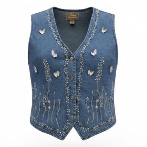 Vintage Tantrum Blues Denim Vest Women's Medium Embroidered Butterfly Floral